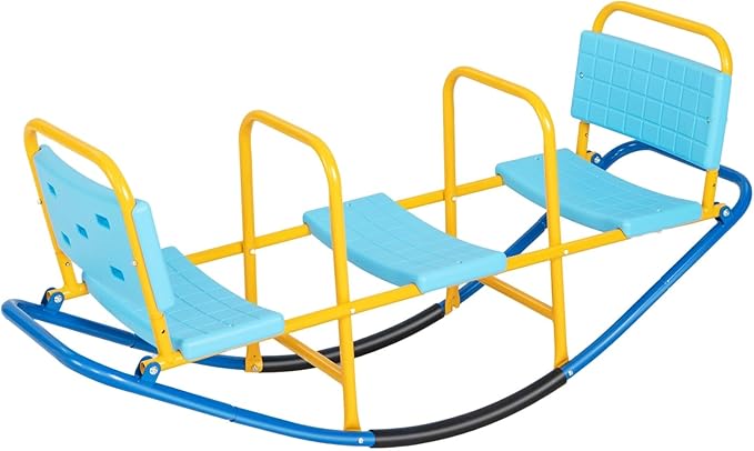 3-Person Teeter Totter Seesaw, Sit and Spin 360° Rotating Rocking Toy for Toddlers, Heavy Duty Metal Seesaw for Kids Outdoor, 3-Seater Backyard Playground Equipment for Ages 3-8 (Blue)