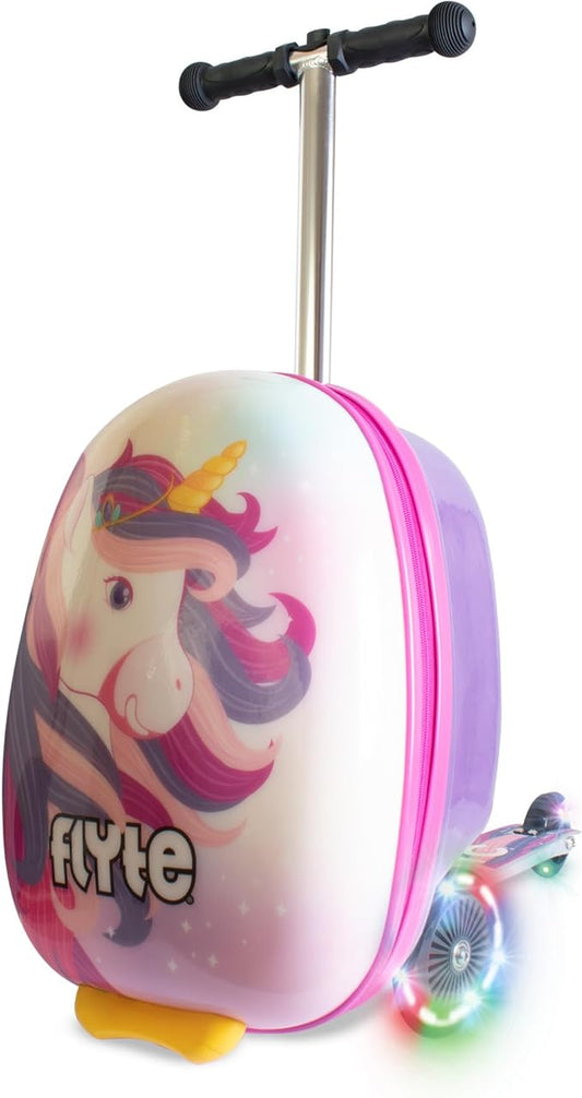 FLYTE Scooter Suitcase Folding Kids Luggage – Luna the Unicorn, 18 Inch Hardshell, Ride On with Wheels, 2-in-1, 25 Litre Capacity