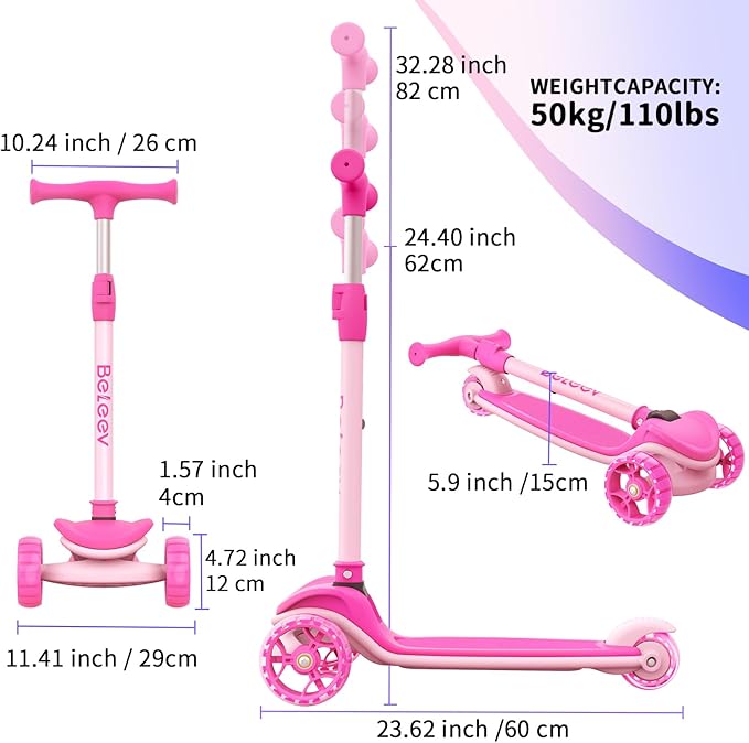 BELEEV A8 Scooter for Kids Ages 3-12, 3 Wheel Folding Scooter for Toddlers Girls Boys, LED Light-Up Wheels, 4 Adjustable Height, Lean to Steer, Extra Wide Wheels, Three Wheel Kick Scooter for Children