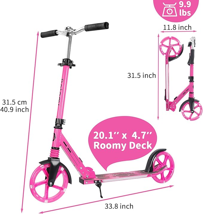 BELEEV V5 Plus Scooters for Kids Ages 6+, Teens with Light-Up Wheels & Deck, 2 Wheel Folding Lightweight Sport Scooter with 4 Adjustable Height, 8-inch Big Wheels, Carry Strap, Max Load 220 lbs