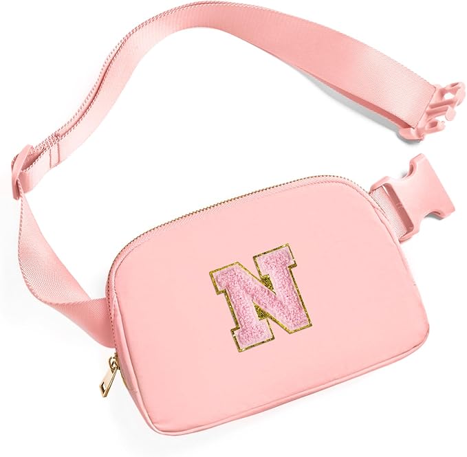 Gitus Belt Bag Fanny Pack Crossbody Bags with Initial Letter Patch Cute Stuff Birthday Gifts for Teenager Girls Trendy Preppy Stuff for Teen Girls Cool Stuff for Teens (Light Pink-N)