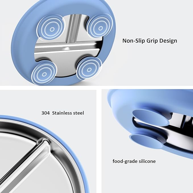 Stainless Steel Suction Plates for Toddlers, 8" Divided Kids Baby Plates with Removable Silicone Suction, Non Toxic Non Slip Portion Control Snack Dishes 3 Packs, Blue Gray Beige