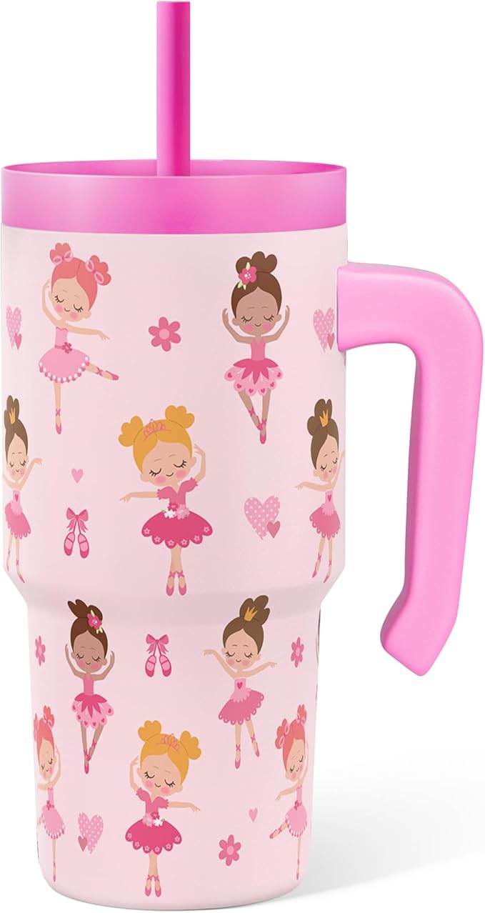 Ballerina Tumbler 20oz with Handle and Silicone Straw Lid for Kid, Insulated Stainless Steel Cup, Gift for Kids Girls, Gifts Idea for Birthday Christmas Back to School