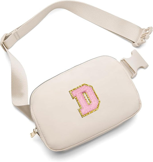 Gitus Belt Bag Fanny Pack Crossbody Bags with Initial Letter Patch Cute Stuff Birthday Gifts for Teenager Girls Trendy Preppy Stuff for Teen Girls(Beige-D)