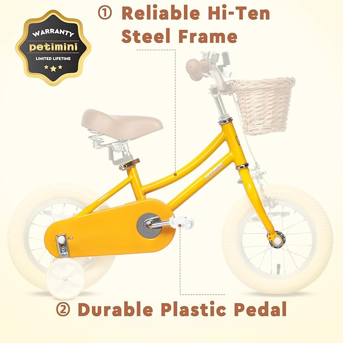 Petimini Girls Bike with Basket for 2-12 Years Old Kids, 12 14 16 18 20 Inch Bicycle with Bell Training Wheels Basket, Multiple Colors