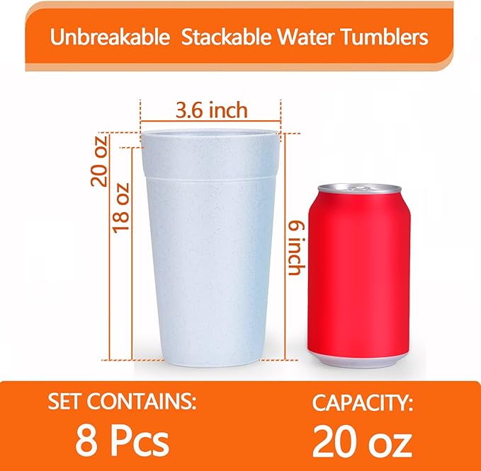 Homestockplus 【Set of 8】 20 Oz Tumbler Cups,Unbreakable Drinking Cups Microwave and Dishwasher Safe BPA Free E-Co Friendly Reusable Cup For Smoothies,Water