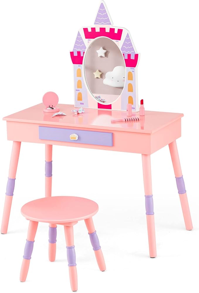 HONEY JOY Kids Vanity Set, Castle Pretend Play Vanity Table & Chair Set w/Drawer, Princess Makeup Dressing Table for Toddlers, Rich Accessories, Girls Vanity Set with Mirror and Stool, Pink