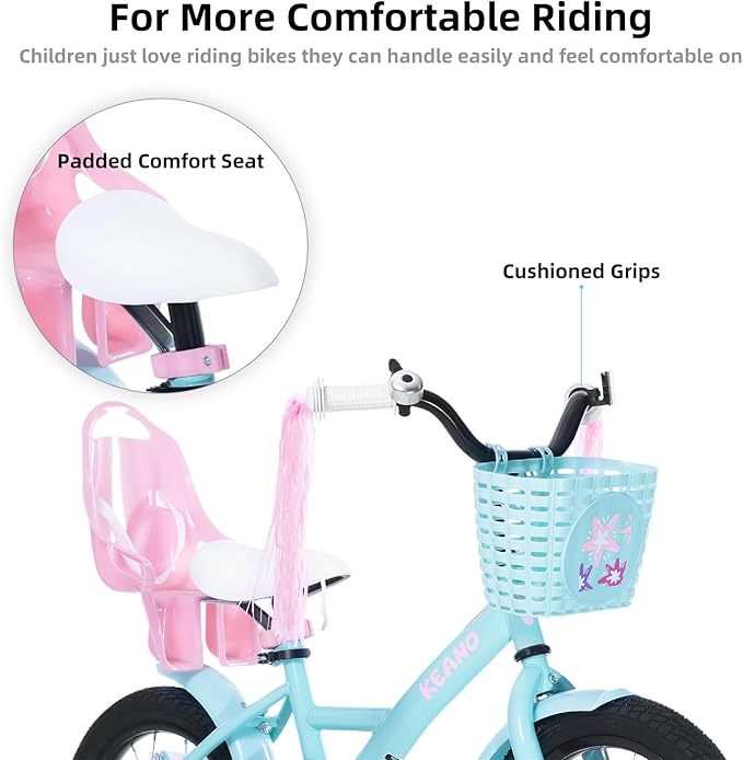 KEANO Zinnia 14 16 20 Inch Kids Bike for Girls Ages 3-10 Years, Girls' Bikes with Training Wheels, Streamers, Basket and Doll Seat, Children Bicycles