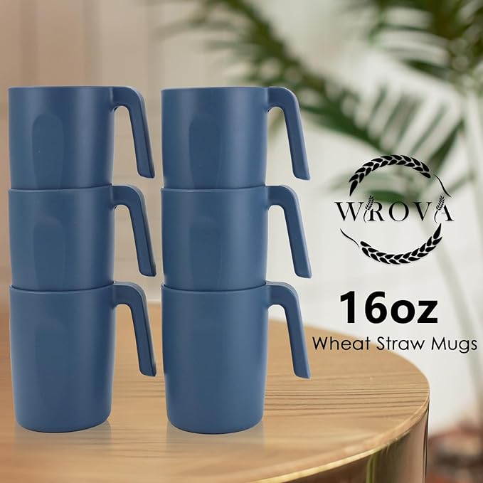 16oz Wheat Straw Cups with handles set of 6-Plastic Cups Reusable-Unbreakable Kids Mugs-Dishwasher Safe & Microwave Safe-Ideal Plastic Mugs for Tea,Coffee,Camping,RV-Navy Blue