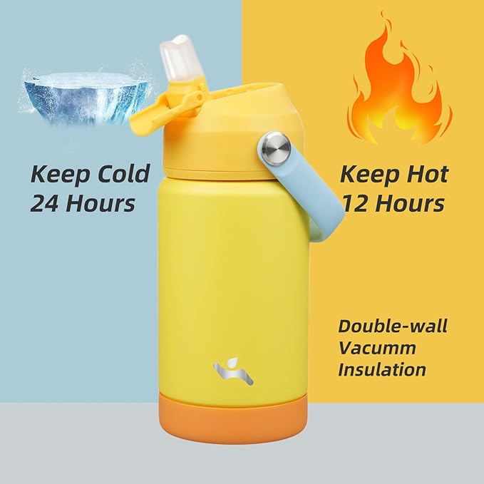 Insulated Water Bottle with Straw Lid,12 oz Stainless Steel Vacuum Metal Bottle with Silicone Handle,Yellow