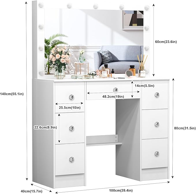 White Vanity Desk with Large Lighted Mirror, 39.4''W Makeup Vanity Desk with Lighted Mirror, Drawers, 3-Color Adjustable Brightness, Big Vanity Desk Dressing Table for Bedroom, Girls, Women Gifts