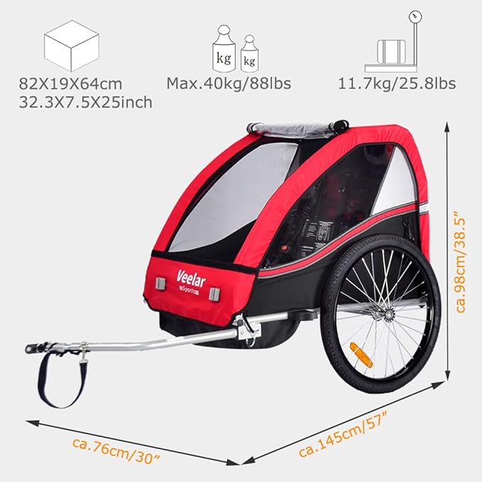 Veelar Sports Bike Trailer Double Seat for 1 or 2 Toddlers, Kids, Child Bicycle Carrier