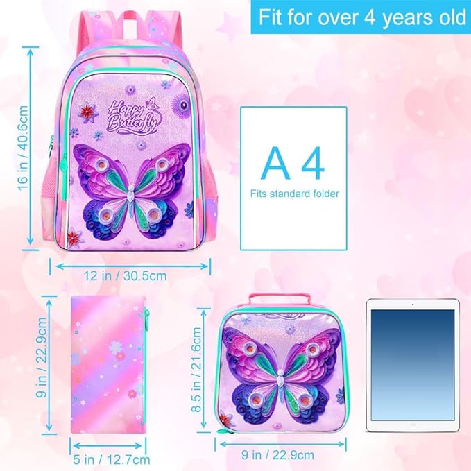CCJPX 3Pcs Butterfly Backpack, 16” Kids Girls Bookbag with Lunch Box, Water Resistant Elementary School Bag for Kindergarten Preschool Toddler (Pink)