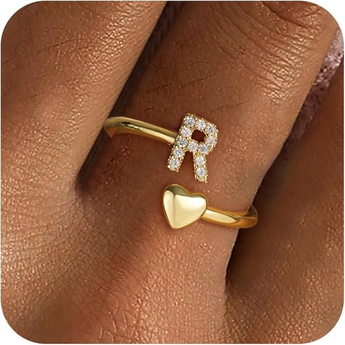 Gold Initial Rings for Women Girls, Dainty 14K Gold Plated Adjustable Initial Rings Cute Heart Zirconia Ring for Women Teen Girl Gifts