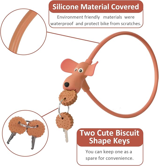 Bike Cable Lock with Keys,Silicone Covered Kids Cable Lock Cartoon Lock,2 Feet Lock for Bike,Door,Skateboard,Helmet and More (Brown, Large)