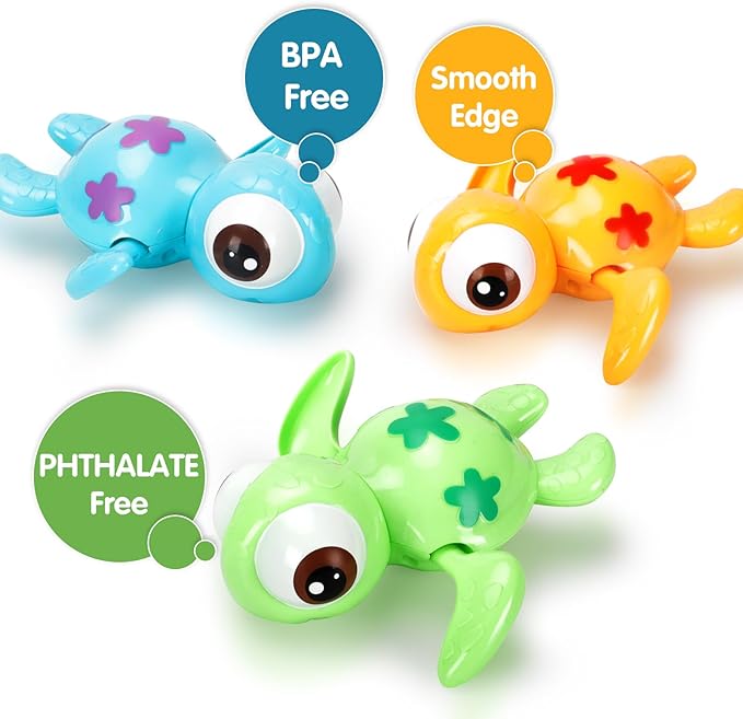 Bath Toys Set for Toddlers 1-3 Kids 4-8, 3Pcs Wind Up Swimming Turtle Water Toys with 1Pcs Shark Fishing Net, Floating Wind Up Turtle Bathtub Toys for Boys and Girls