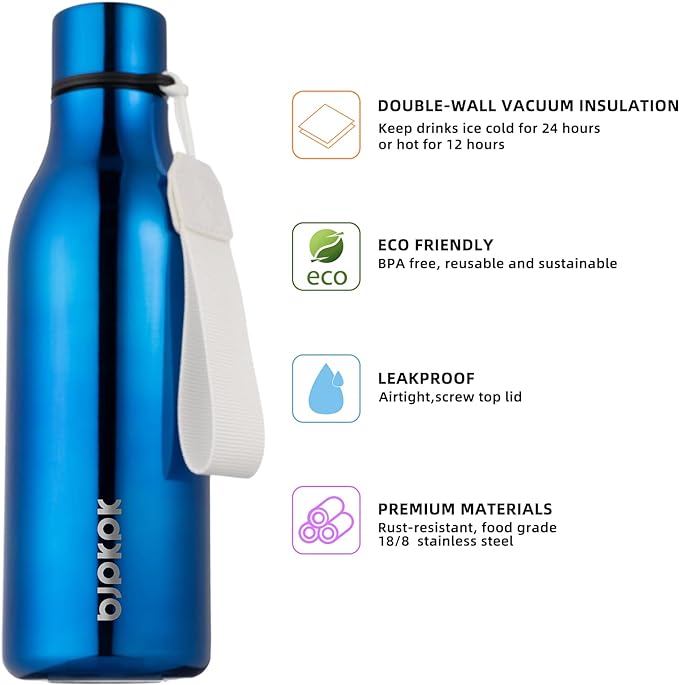 BJPKPK Insulated Water Bottles, 18 oz Stainless Steel Metal Water Bottle with Strap, BPA Free Leak Proof Thermo, Mugs, Flasks, Reusable Water Bottle for Sports & Travel, Shining Blue
