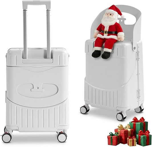 20'' Luggage with Child Seat, Ride On Suitcase with Shockproof Silent Spinner Wheels, TSA Lock, Carry On Luggage with Foldable Backrest, Bag Hook for Kids.