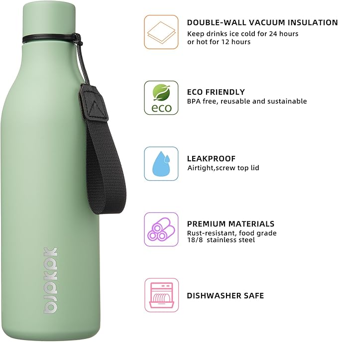 BJPKPK Insulated Water Bottles, 25 oz Stainless Steel Metal Water Bottle with Strap, BPA Free Leak Proof Thermos, Mugs, Flasks, Reusable Water Bottle for Sports & Travel, Macaron Green