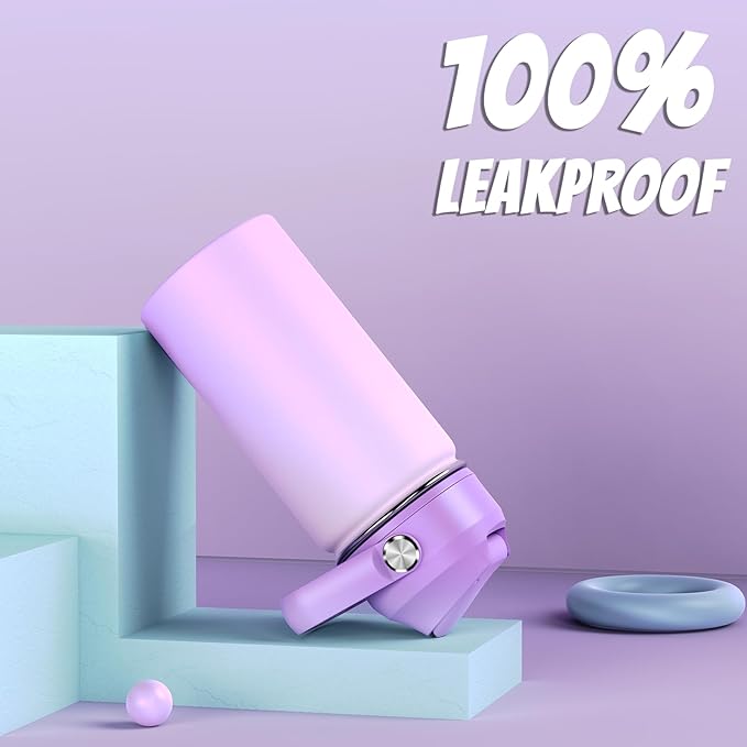 14oz Kids Insulated Water Bottle with Straw Lid - 18/8 Stainless Steel Kid Cup Travel Tumbler Double Wall Vacuum Leak Proof Portable Toddler Water Bottle (Pink+Purple）