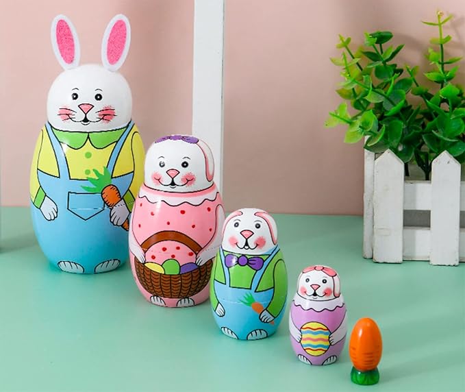 Cute Cartoon Rabbit Nesting Dolls Wooden Matryoshka Russian Doll Handmade Stacking Toy Set 5 Pieces for Kids
