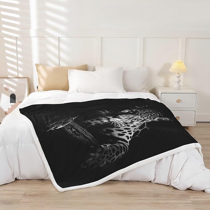 Black Jaguar Sherpa Blanket - Wild Animal Fleece Throw for Sofa, Couch, Bed - Wildlife Style Plush Queen Size 90x90 Inch - Luxury Black Fuzzy Bedroom Decor