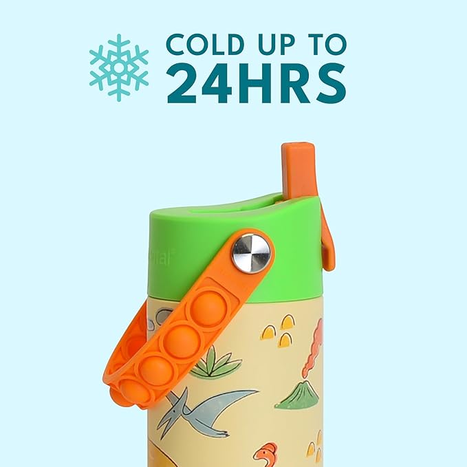 Elemental 100% Leak Proof When Spout is Closed Insulated Kids Water Bottle, Stainless Steel Bottle for School with Straw Lid & Pop-It Handle, Skater Dinos & Green Camo -18oz (2 Pack)