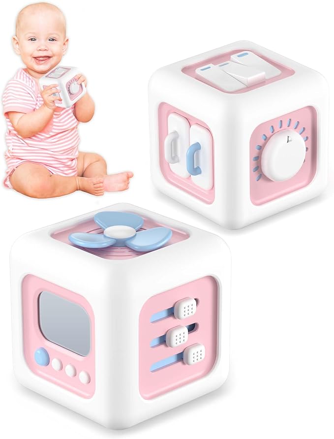 6 in 1 Busy Cube Montessori Toys for 1 Year Old Girl, Baby Sensory Toys for Ages 1-3, Toddler Learning Activities Travel Toy Birthday Gift for 1 2 3 Year Old Girl -Pink