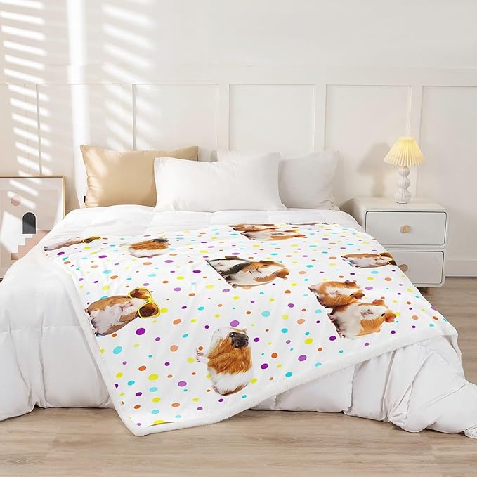 Guinea Pig Fleece Throw Blanket for Girls & Boys - Cute Cavy Sherpa Blanket, Decorative Cartoon Plush, Colorful Polka Dots, Fuzzy, 30x40 Inch