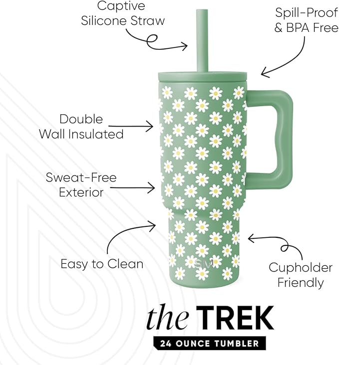 Simple Modern Kids 24 oz Tumbler with Handle and Silicone Straw Lid | Spill Proof and Leak Resistant | Reusable Stainless Steel Bottle | Gift for Kids Boys Girls | Trek Collection | Sage Florals