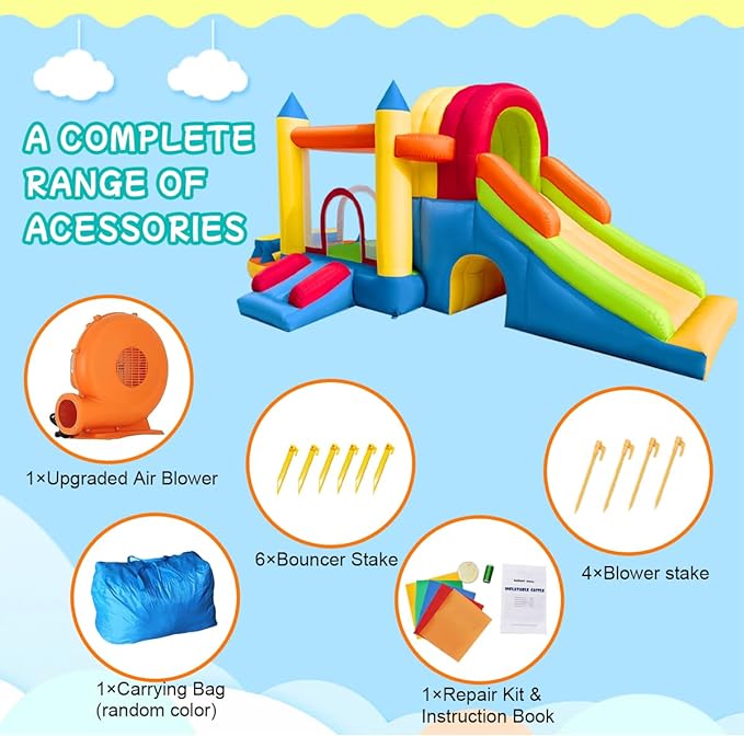 Inflatable Bounce House, 8 in 1 Large Bounce Castle with Blower for Kids and Toddlers, Outdoor Indoor Backyard Inflatable Bouncers with Two Slides