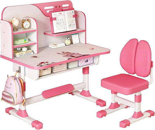 Upgraded Kid's Desk and Chair Set, Adjustable Children's Study Table with Bookshelf and Storage Drawer, 50-Degree Tiltable Desktop with Chair for Bedroom (Pink 111cm)