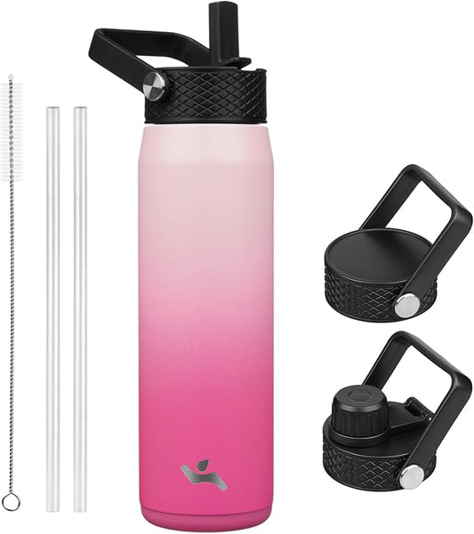 25oz Insulated Stainless Steel Water Bottle with Straw and 3 Lids, BPA-Free Sports Water Bottle,travel water bottle,Cherry Blossom