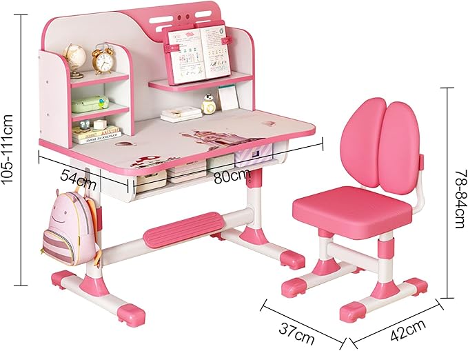Kids Study Table and Chair Set, Adjustable Art Desk Girls Desk for Bedroom,Study Table with Large Writing Board Bookshelf and Drawer (Pink)