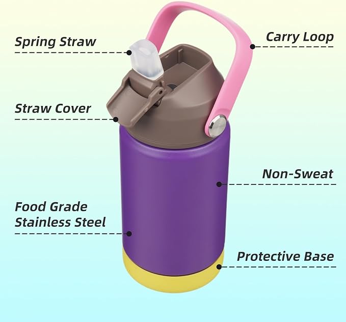 Insulated Water Bottle with Straw Lid,12 oz Stainless Steel Vacuum Metal Bottle with Silicone Handle,Violets
