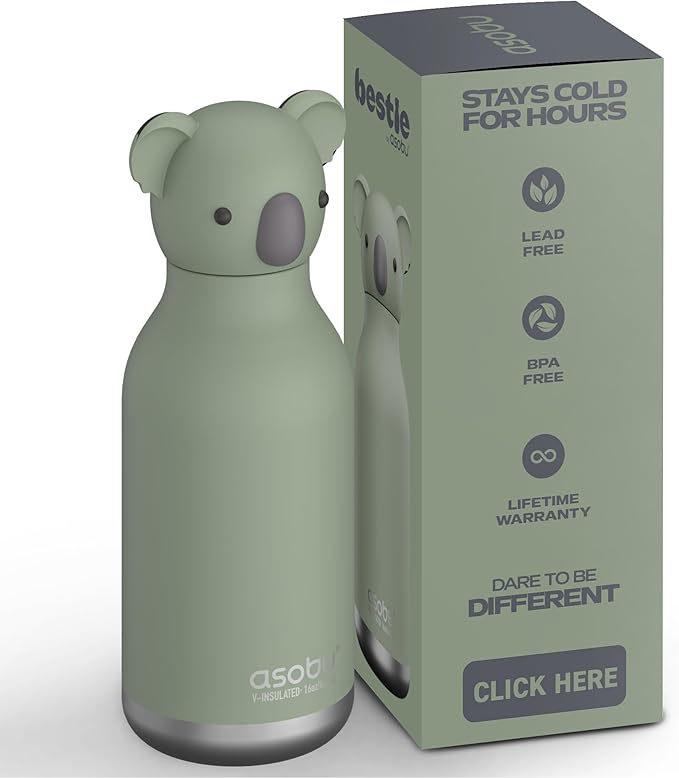 asobu Bestie Bottle Insulated Stainless Steel Water Bottle with Detachable Soft Animal Head Fun Drinking For Kids and Teens with Flexible Reusable Straw 16 Ounce (Koala)
