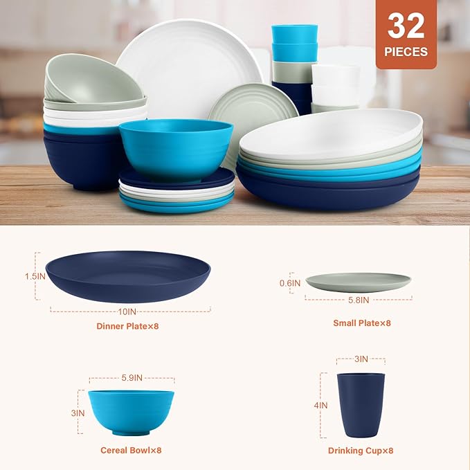 Wheat Straw Dishes Sets for 8, Reusable Plastic Dinnerware Sets 32-Piece, Plates Set, Bowls Set, Tumblers, Microwave Safe Plate and Bowl Set for Dinner,Kitchen, Camping - Island Series