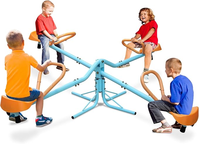 360 Degree Rotation Seesaw Swivel Teeter-Totter, 2/3/4 Seats Sit and Spin Outdoor Playground Equipment for Kids, Toddlers, Boys, Children (Orange-4 Seats)