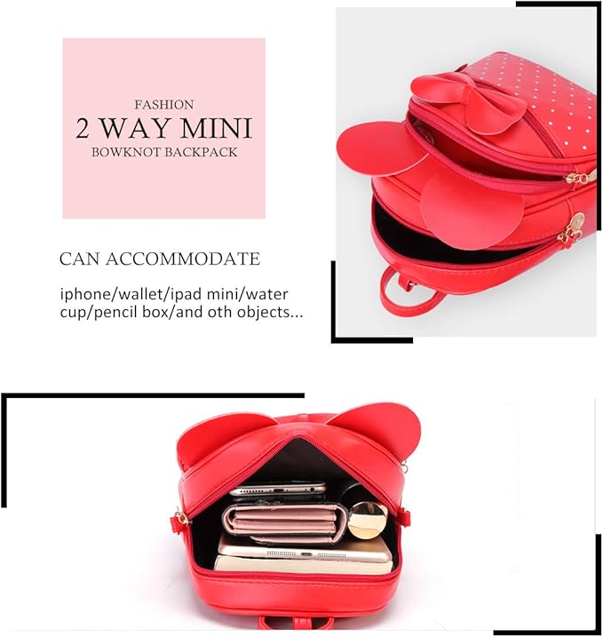 KL928 Girls Mini Backpack Bowknot Polka Dot Cute Small Daypacks Convertible Shoulder Bag Purse for Women