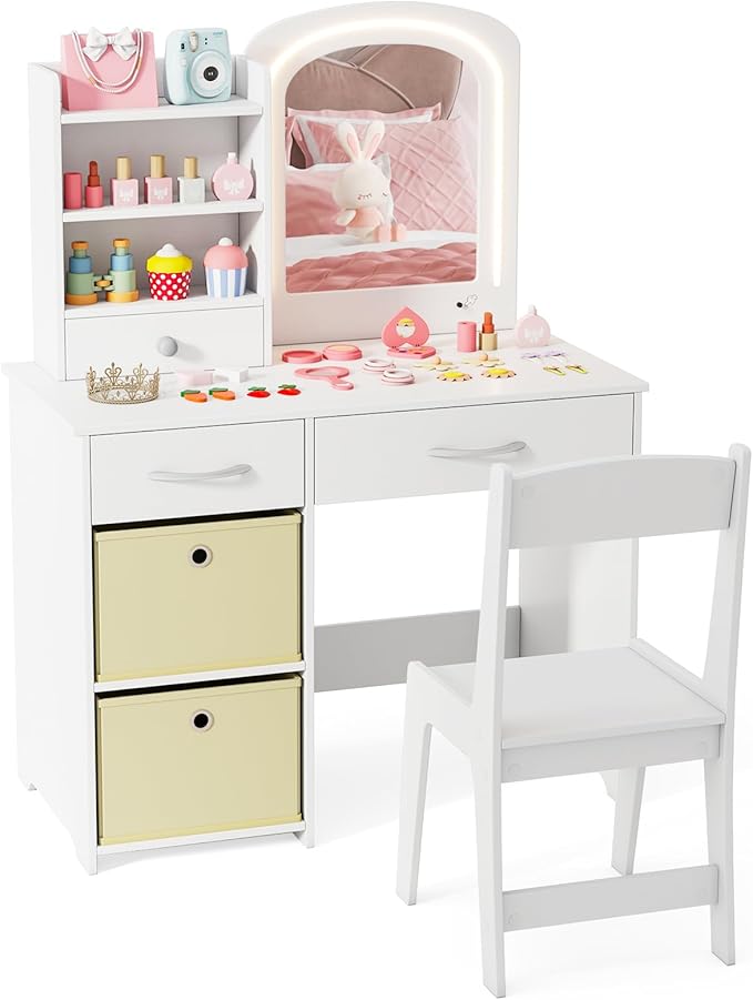 Costzon Kids Vanity with Lights, Princess Makeup Dressing Desk with Mirror and Stool, Storage Drawers, Shelves, Vanity Table and Chair Set for Little Girls (White)
