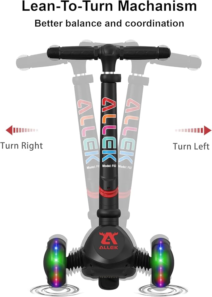 Allek Kick Scooter Foldable F02, 3-Wheel LED Flashing Glider and 4 Adjustable Height with Anti-Slip Thick Deck Push Scooter for Children 3-12yrs