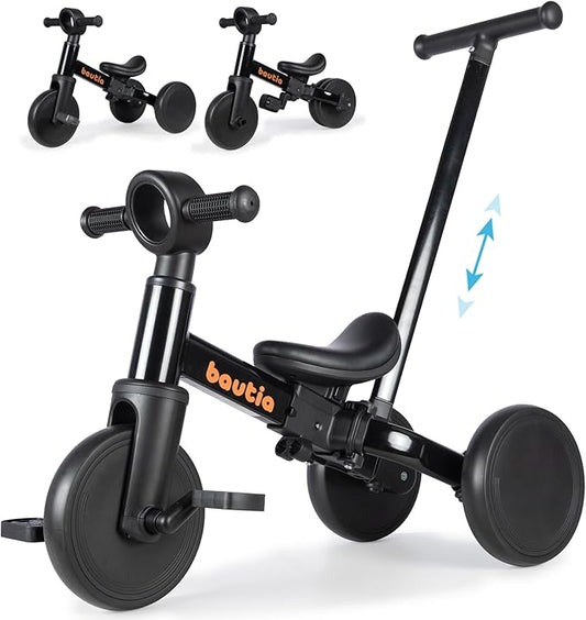 Tricycle for Toddlers 1-3 with Push Handle, 5 in 1 Baby Balance Bike for 1-4 Years Old Kids Toy, Boys Girls Bicycle Gift with Removable Pedals, Black (No Parent Steering Version)