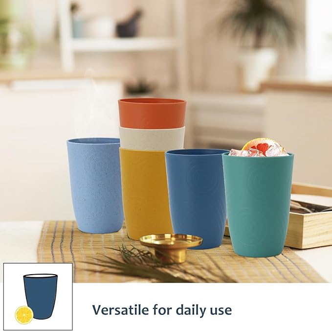 Wheat Straw Cups 6 PCS Plastic Cups Reusable Unbreakable Drinking Cup Dishwasher Safe Water Glasses with Unique Pattern (16 OZ)