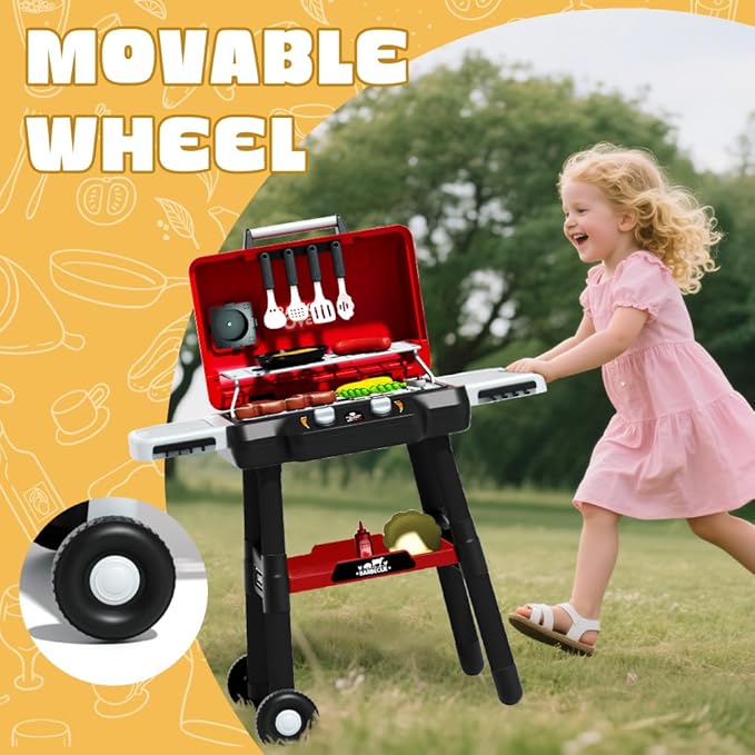 Kids BBQ Grill Playset, Kitchen Playset with Smoke Sound Light and Wheel, Movable Pretend Play Toy Grills for Kids Ages 4-8, 2-Layer Outdoor Cooking Toys for Toddlers 3-5 Birthday Gifts
