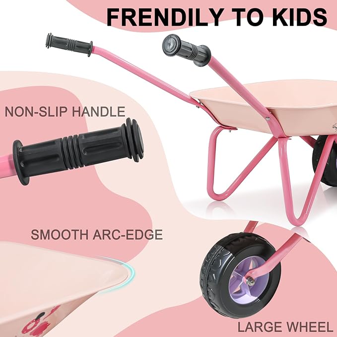 Kids Wheelbarrow Set Metal, Pink Child Wheel Barrel and Kids Gardening Tools Toddler, Garden Toys with Small Wheel Barrow, Outdoor Indoor Toys Gift for Girls