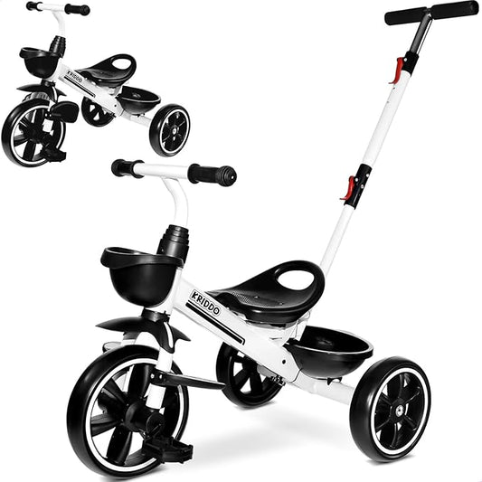 KRIDDO 2-in-1 Toddler Tricycle for Ages 18 Months to 5 Years Old - Extended Push Handle for Effortless Push, Gift Trike for Toddler 3 to 5 Year, Kids Tricycle with Foldable Front Footrest, White