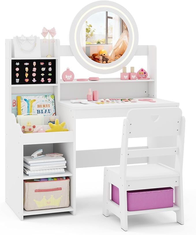 HONEY JOY Kids Vanity with Lights, Wooden Princess Makeup Dressing Vanity Desk with Jewelry Storage, Open Shelves, 2 in 1 Toddler Vanity Table & Chair Set with Lighted Mirror for Little Girls(White)