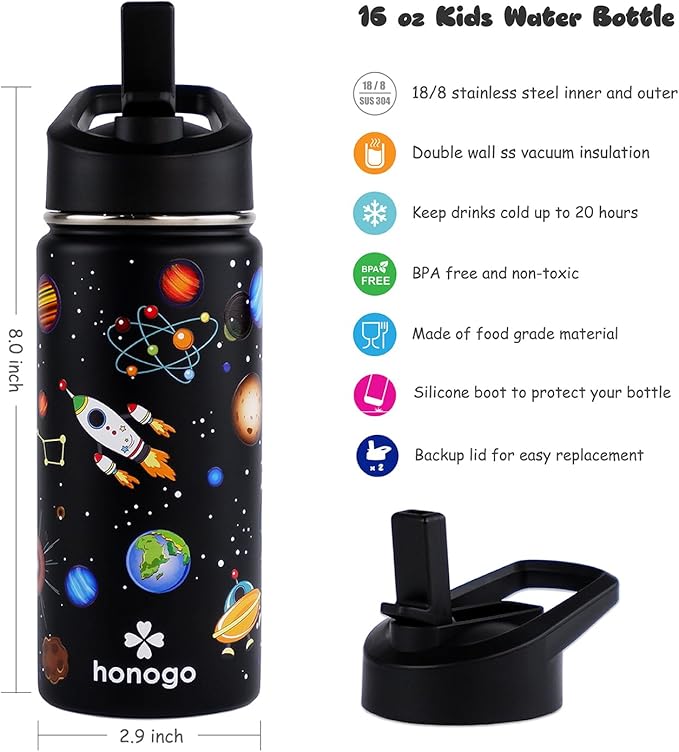 16 oz Stainless Steel Insulated Kids Water Bottle, Leak Proof Metal Thermal Flask with Straw lid, Cute Toddler Tumbler Cup for School Girls & Boys (Black, Space)