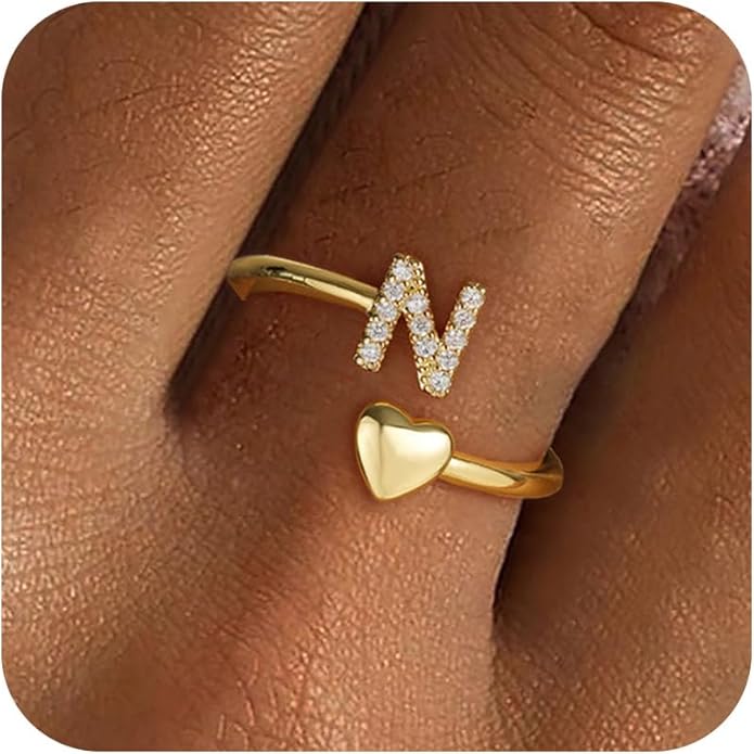 Gold Initial Rings for Women Girls, Dainty 14K Gold Plated Adjustable Initial Rings Cute Heart Zirconia Ring for Women Teen Girl Gifts