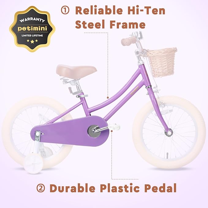 Petimini Girls Bike with Basket for 2-12 Years Old Kids, 12 14 16 18 20 Inch Bicycle with Bell Training Wheels Basket, Multiple Colors